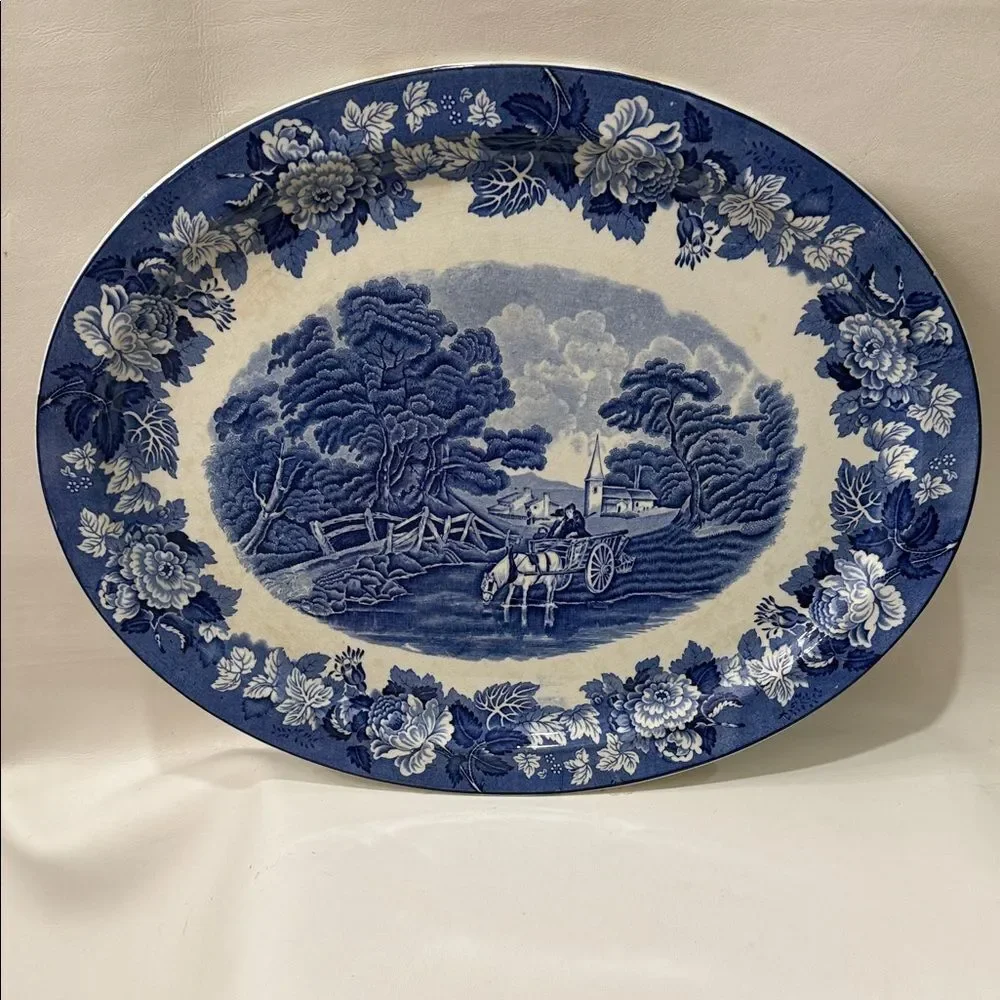 Woods Ware England Blue Scenic Transferware Vintage Floral Oval Serving Platter